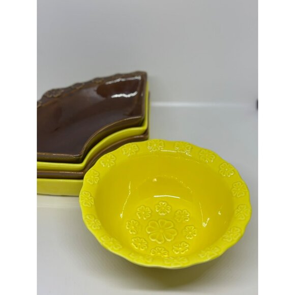 VTG California Pottery 5‑Piece Lazy Susan Chip & Dip Set – 12″ Brown Yellow USA - Picture 9 of 9